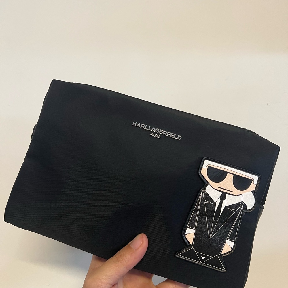 Karl Lagerfeld Black Men's Toiletry Pouch with Character Patch